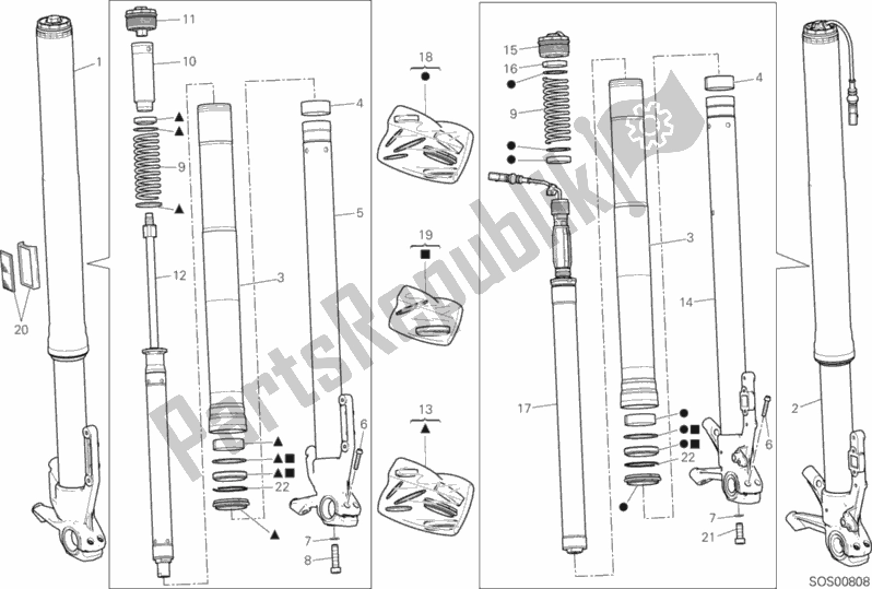All parts for the Front Fork of the Ducati Multistrada 1200 Enduro Touring USA 2018